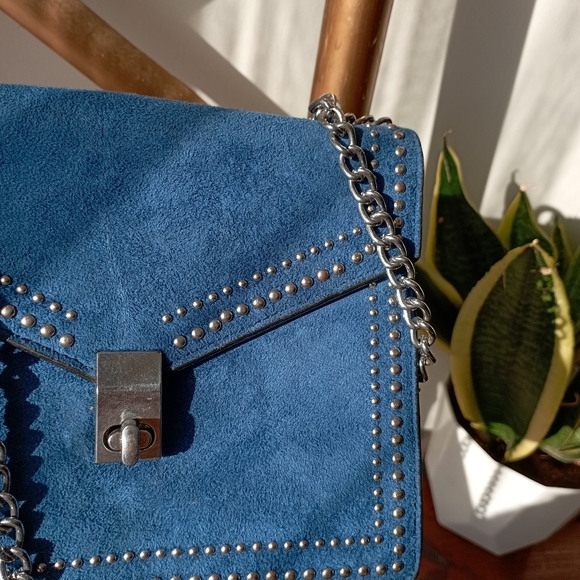 Blue Faux Suede and Faux Leather Sling Bag - Picture 6 of 11